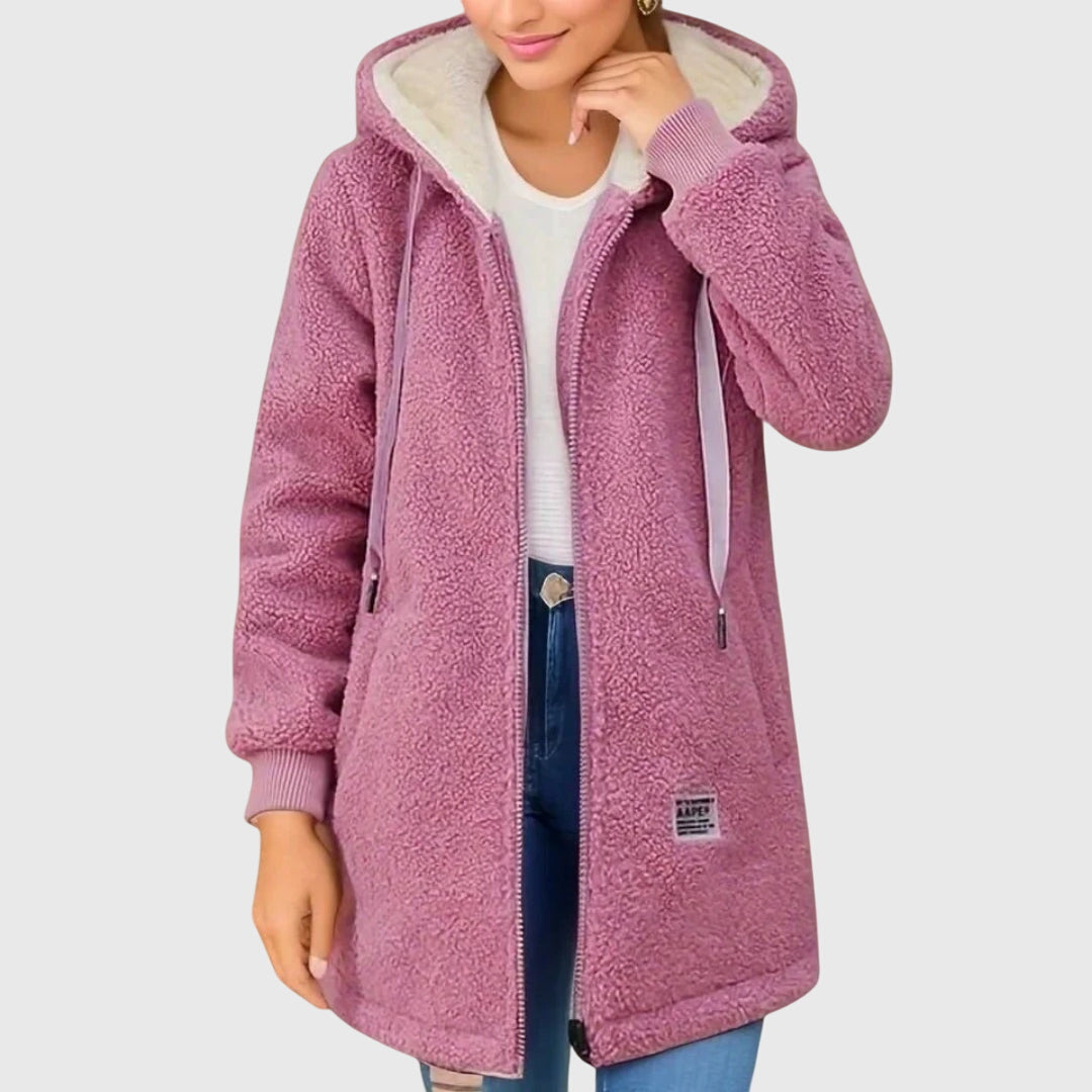 Damen Fleecemantel mit Kapuze – Rosa – Noravolo