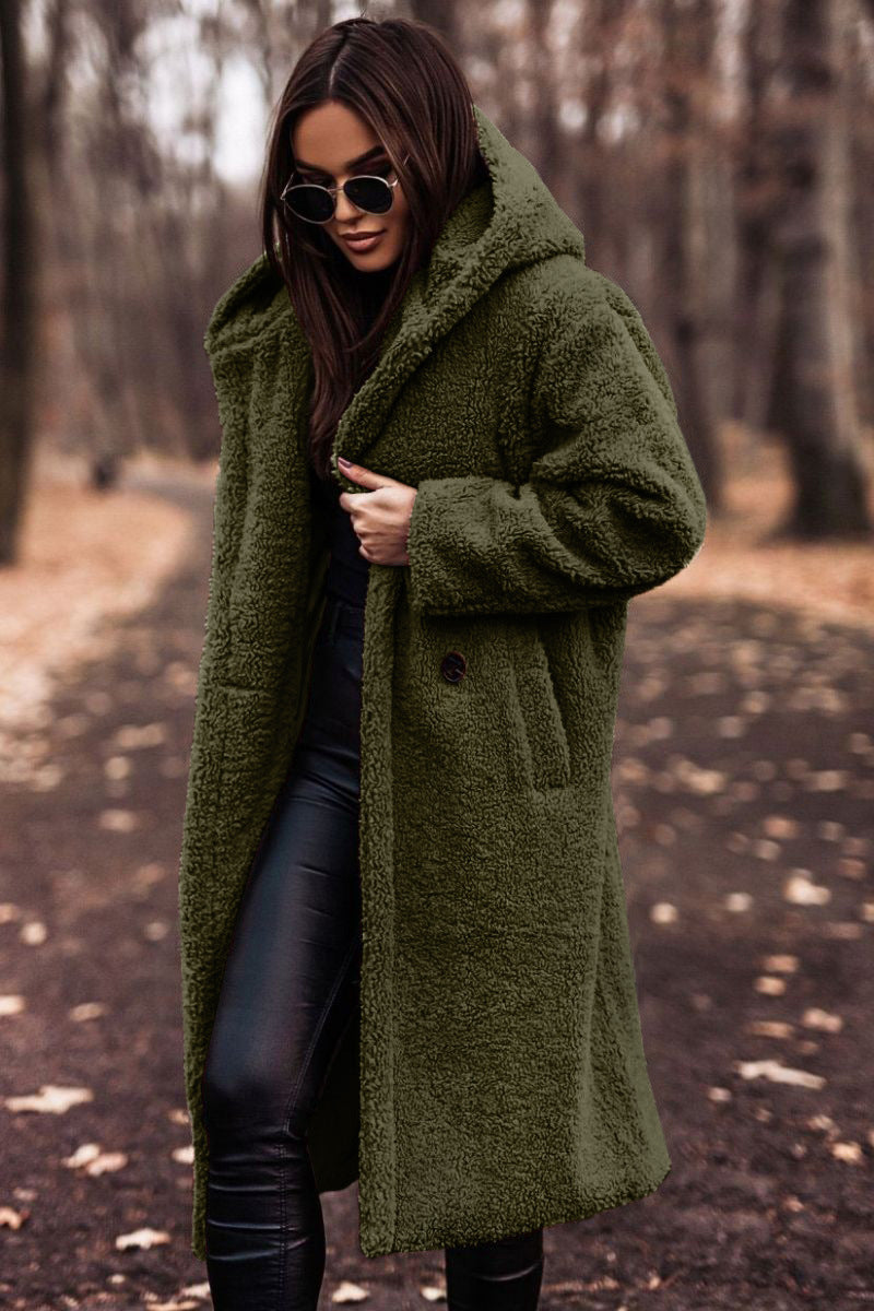 Damen Teddymantel lang – Grün – Noravolo