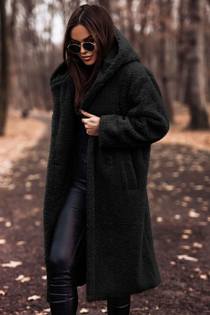 Damen Teddymantel lang – Schwarz – Noravolo