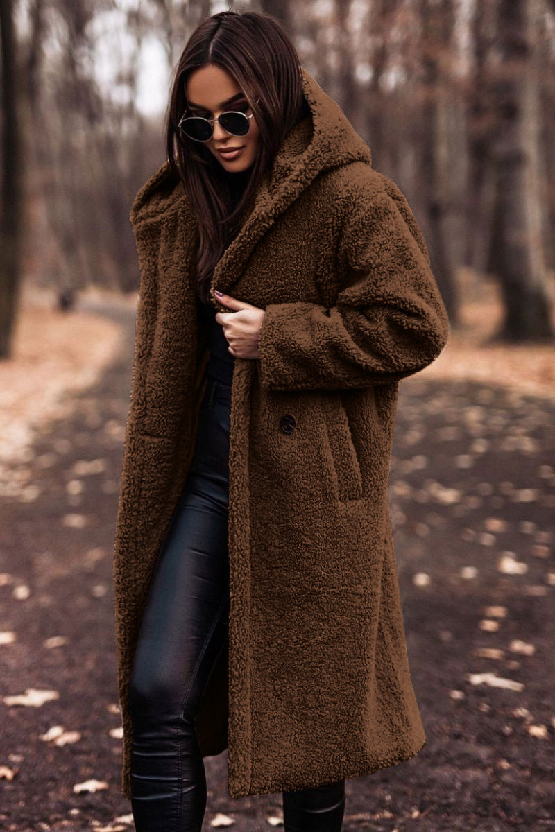 Damen Teddymantel lang – Braun – Noravolo
