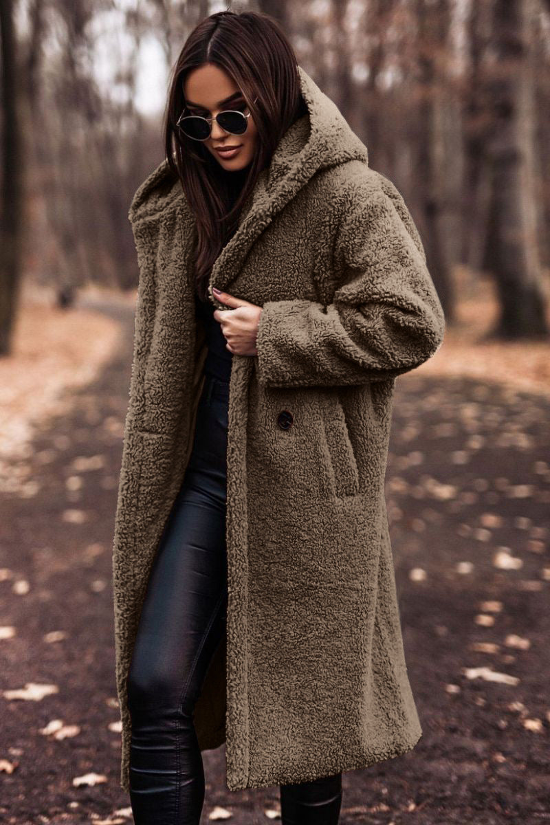 Damen Teddymantel lang – Khaki – Noravolo