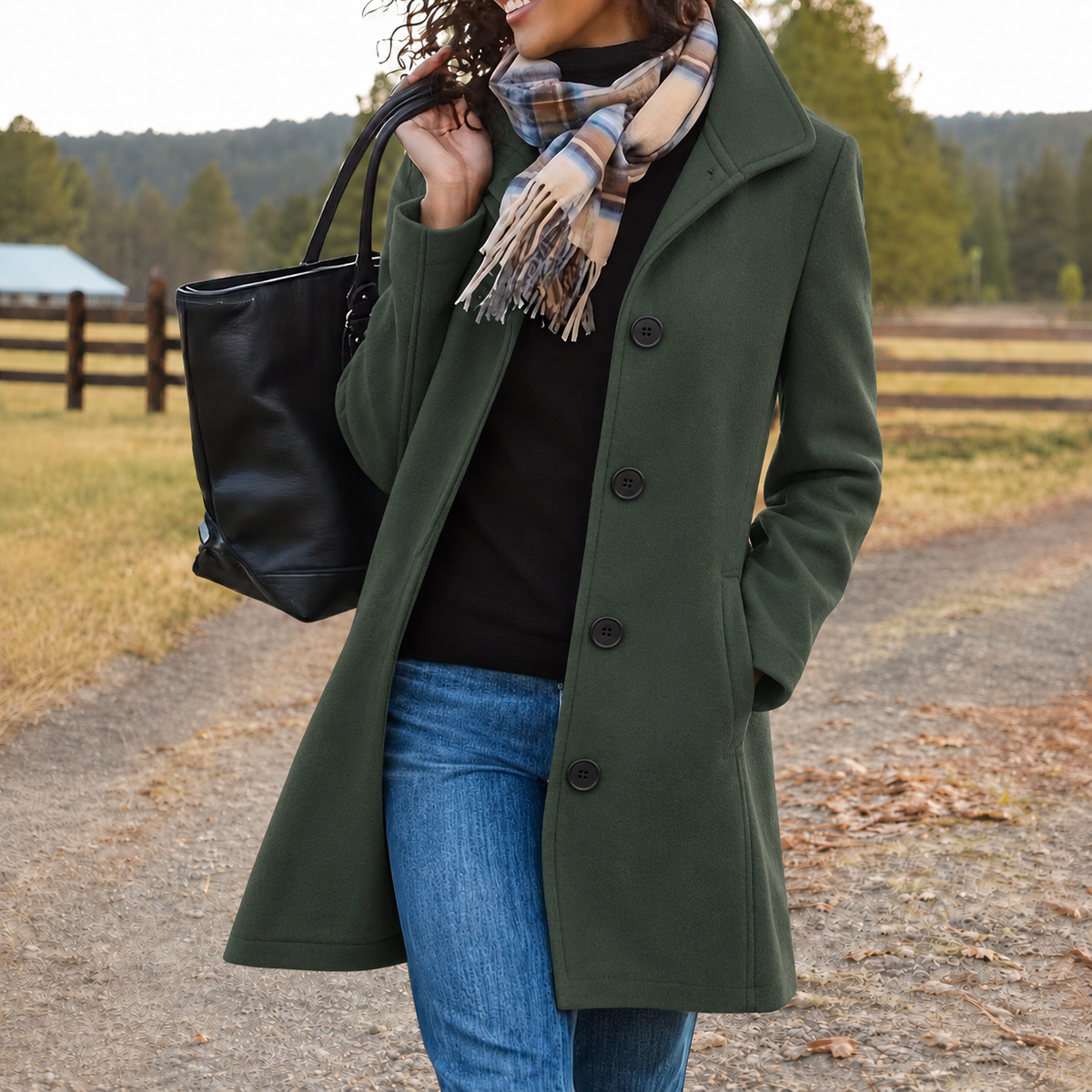 Damen Mantel mit Knopfleiste – Moosgrün – Noravolo