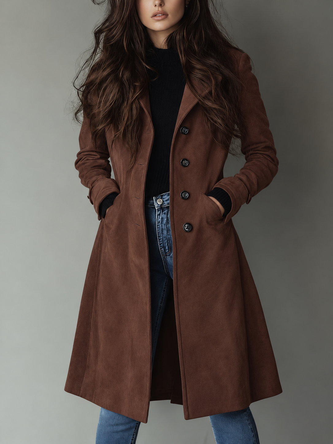 Damen Trenchcoat mit breitem Reverskragen – Braun – Noravolo