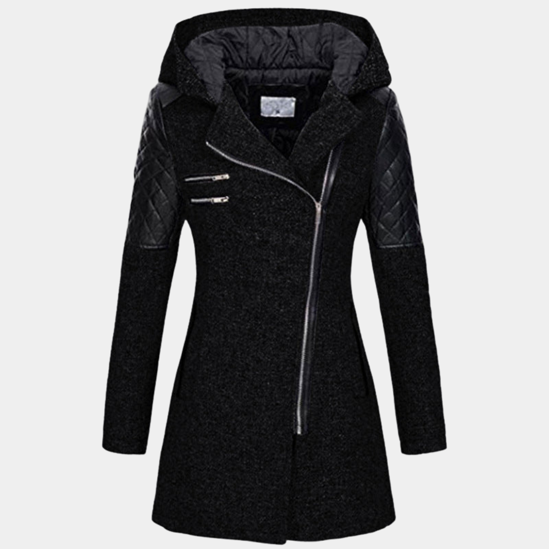 Damen Mantel mit Kapuze – Schwarz – Noravolo