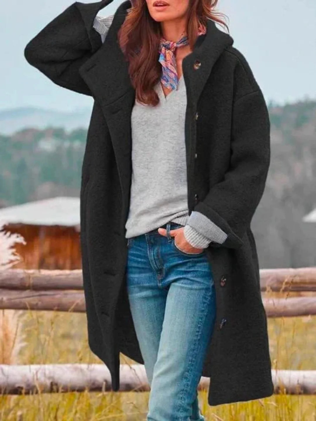 Damen Mantel mit Kapuze – Schwarz – Noravolo