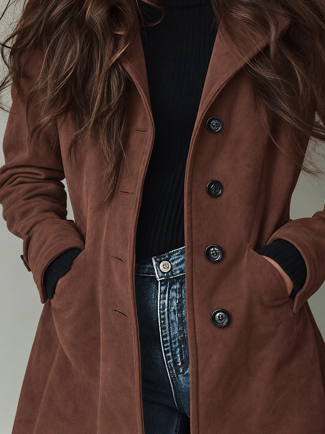 Damen Trenchcoat mit breitem Reverskragen – Produktfoto – Noravolo