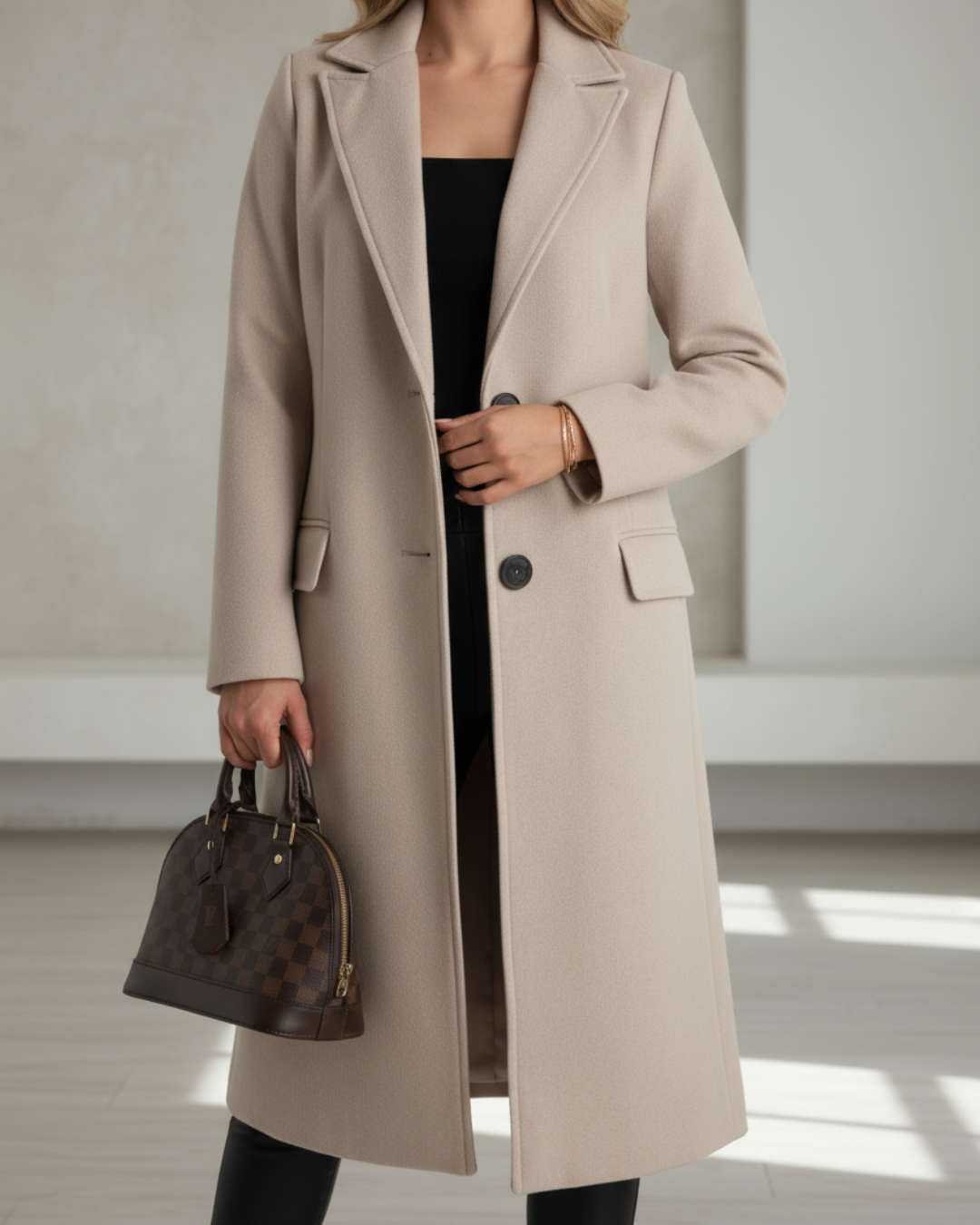 Damen Longline-Mantel – Beige – Noravolo