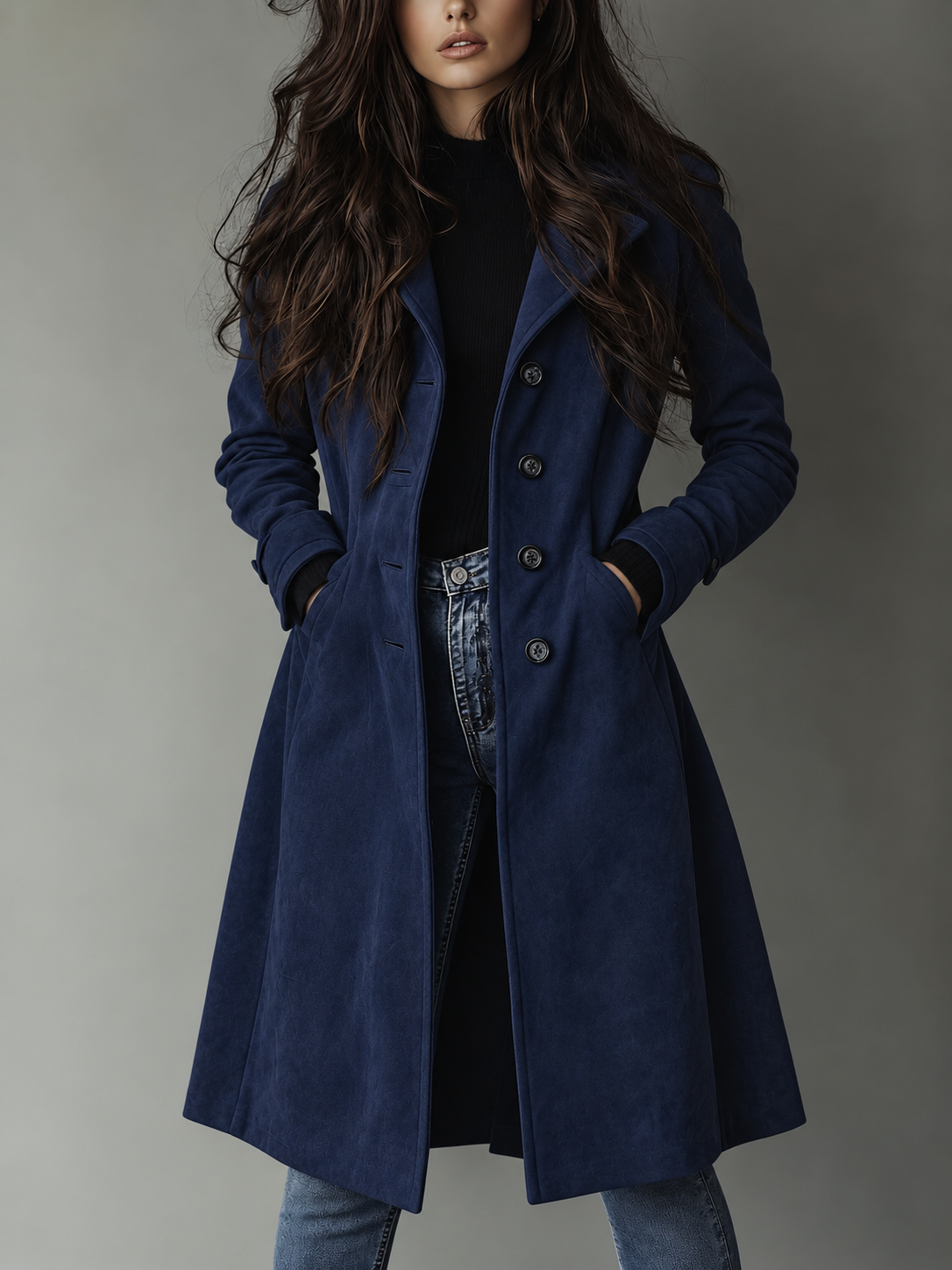 Damen Trenchcoat mit breitem Reverskragen – Dunkelblau – Noravolo
