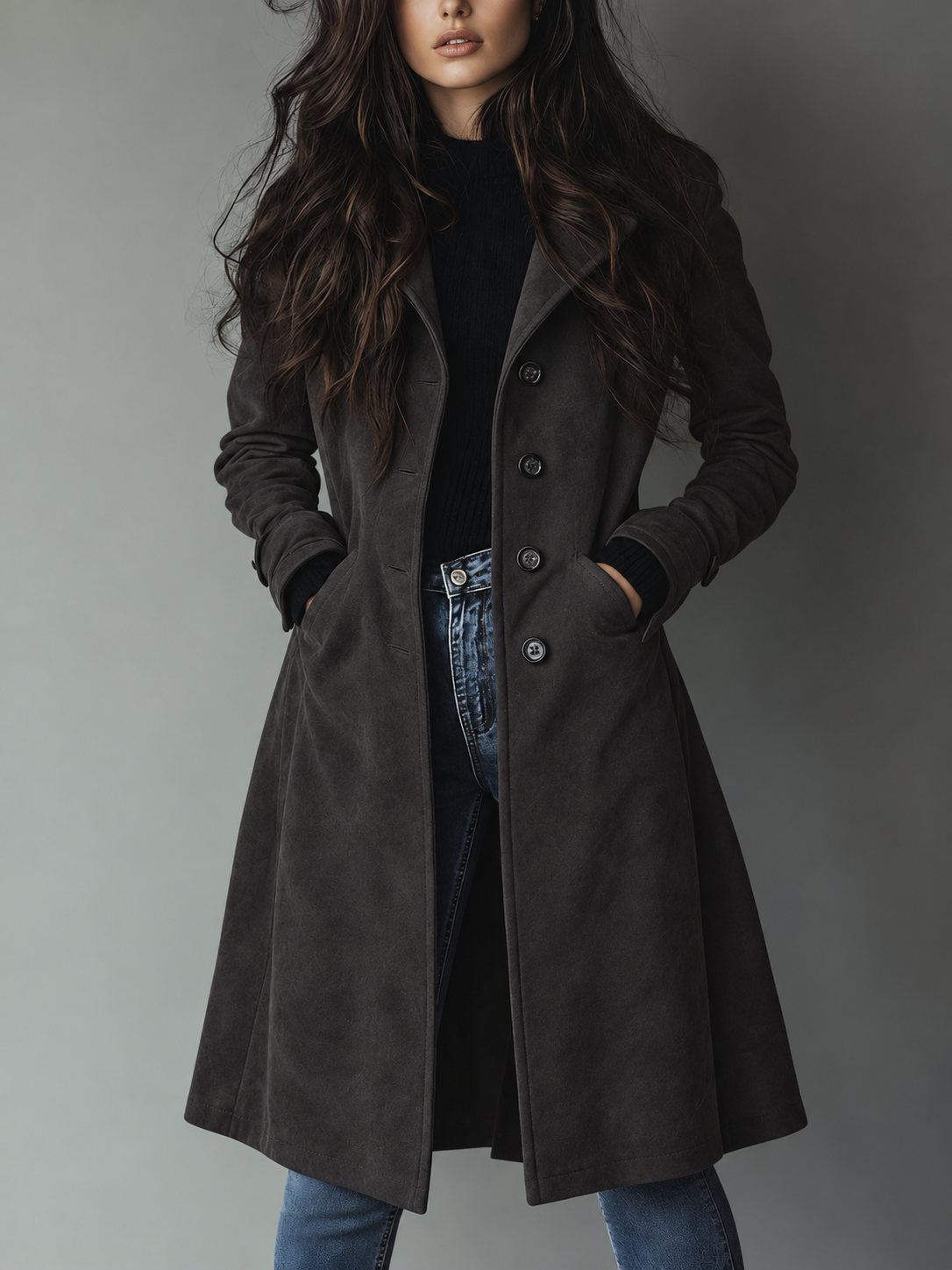 Damen Trenchcoat mit breitem Reverskragen – Dunkelgrau – Noravolo