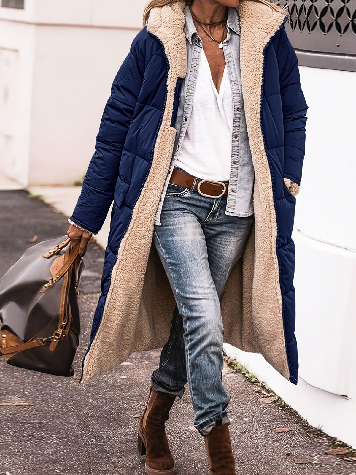 Damen Lange Winterjacke – Marineblau – Noravolo