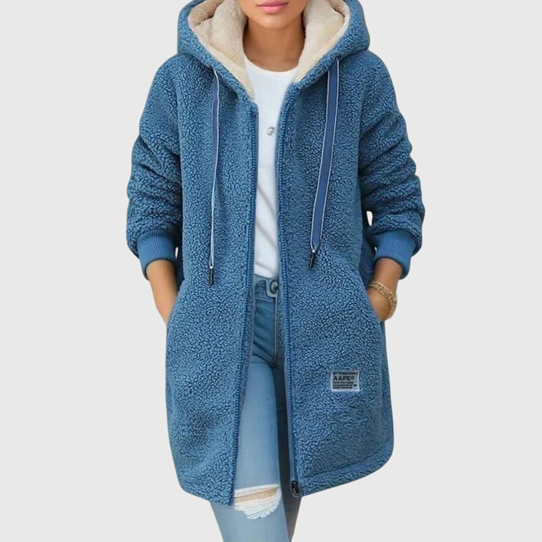 Damen Fleecemantel mit Kapuze – Blau – Noravolo