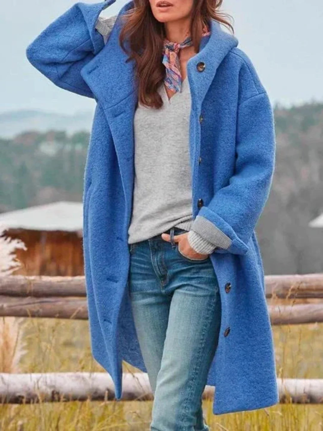 Damen Mantel mit Kapuze – Blau – Noravolo