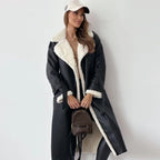 Damen Langer Trenchcoat mit Teddyfutter – Schwarz – Noravolo