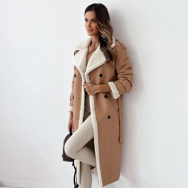 Damen Langer Wintermantel mit Teddyfutter – Khaki – Noravolo