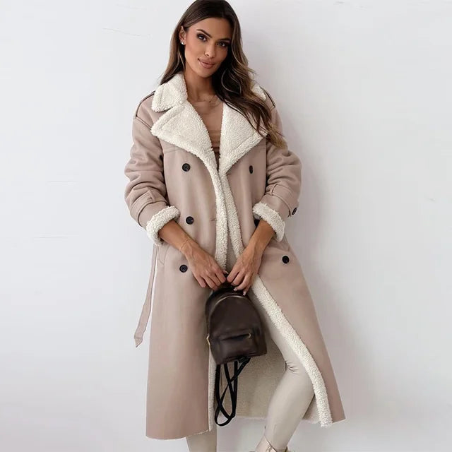 Damen Langer Trenchcoat mit Teddyfutter – Beige – Noravolo
