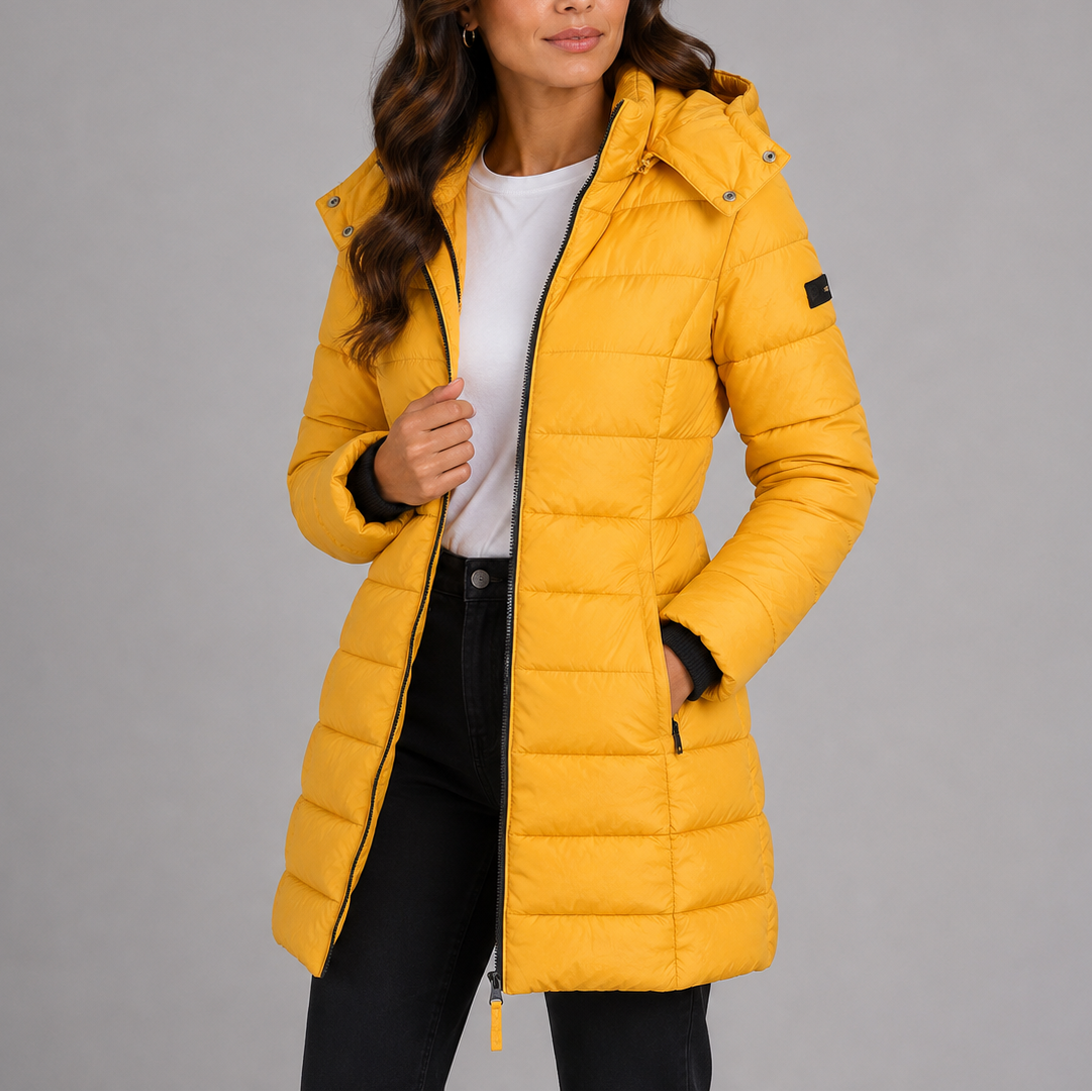 Damen Steppmantel tailliert – Gelb – Noravolo