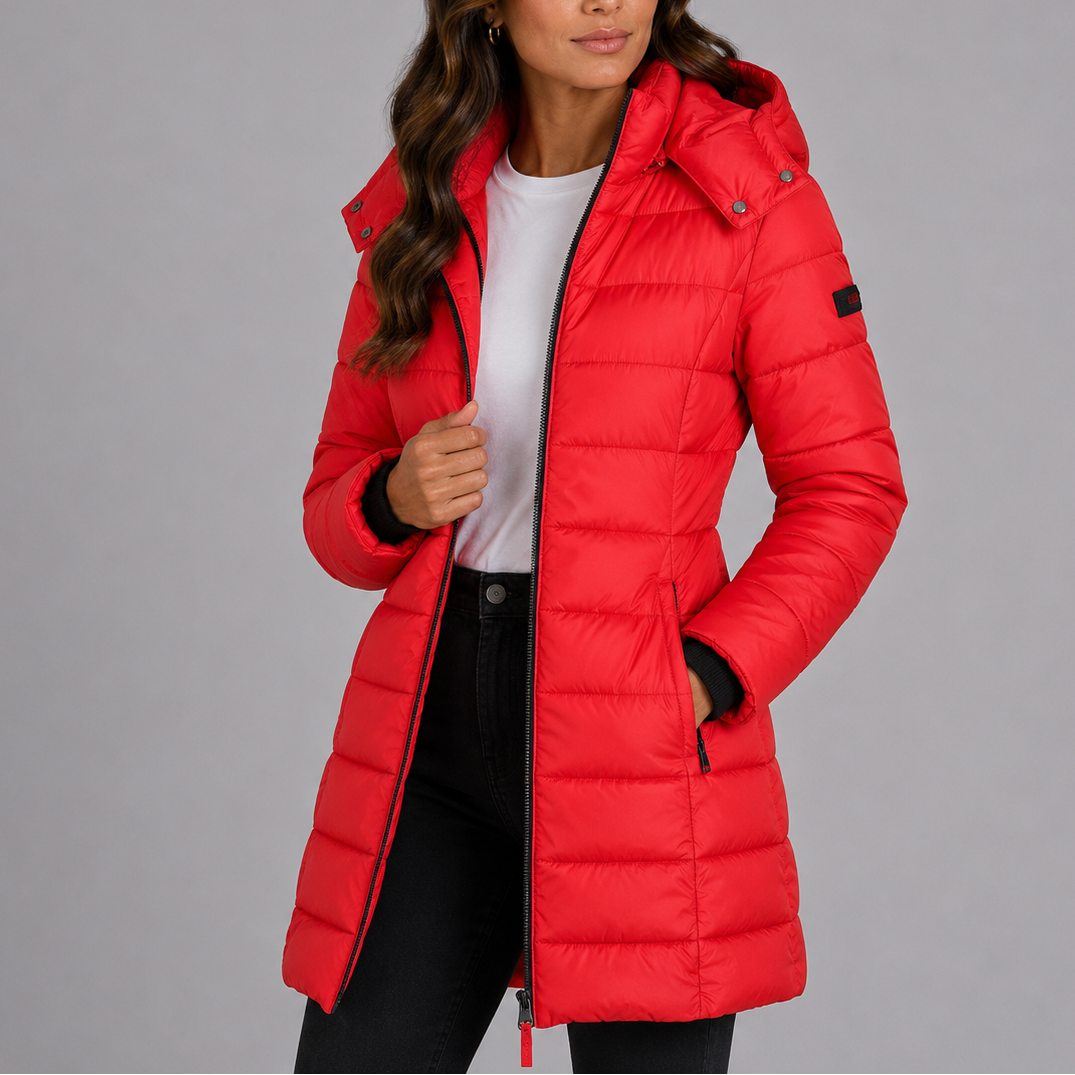 Damen Steppmantel tailliert – Rot – Noravolo