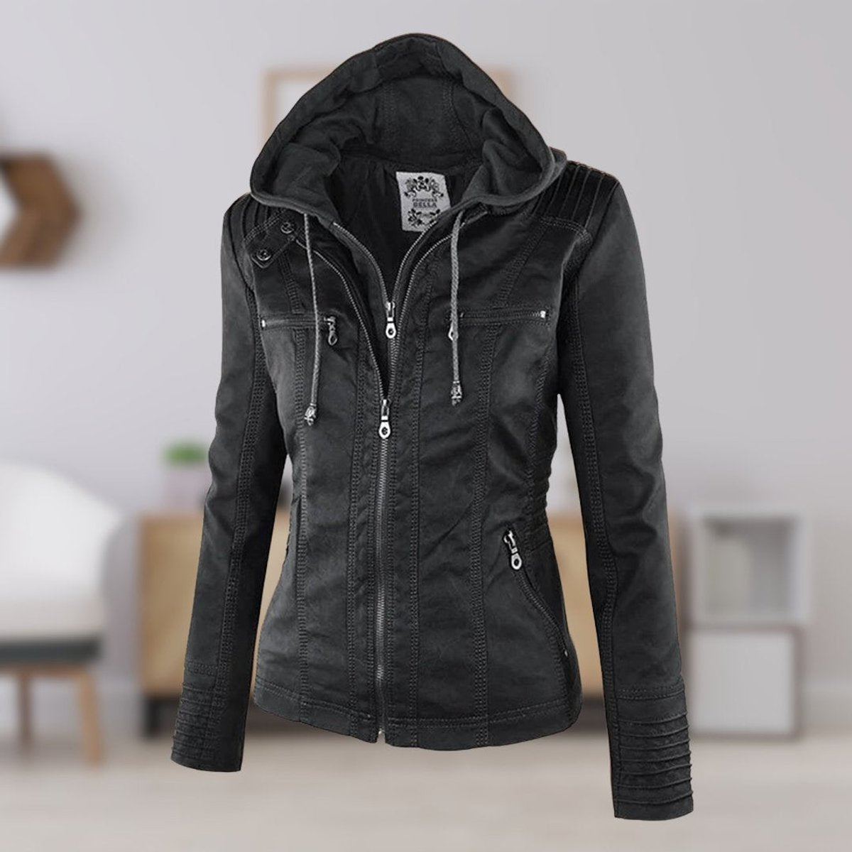 Damen Jacke mit abnehmbarer Kapuze – Schwarz – Noravolo