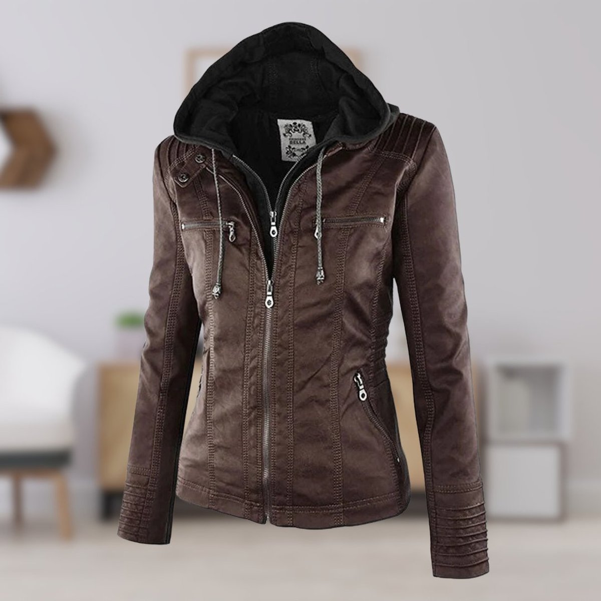 Damen Jacke mit abnehmbarer Kapuze – Braun – Noravolo
