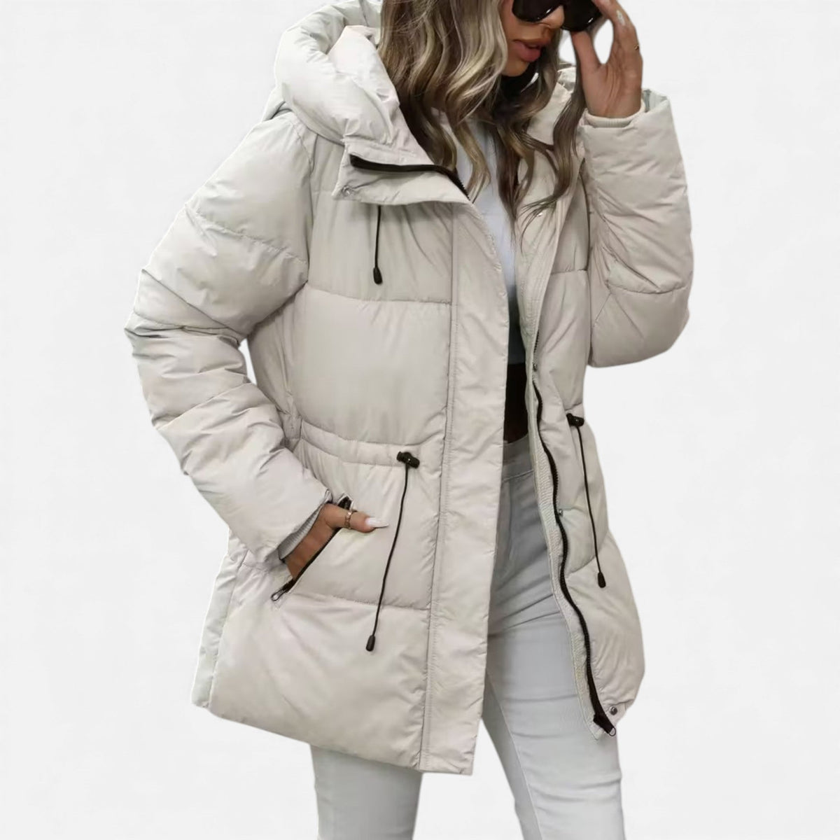 Damen Jacke lang mit Kapuze – Khaki – Noravolo