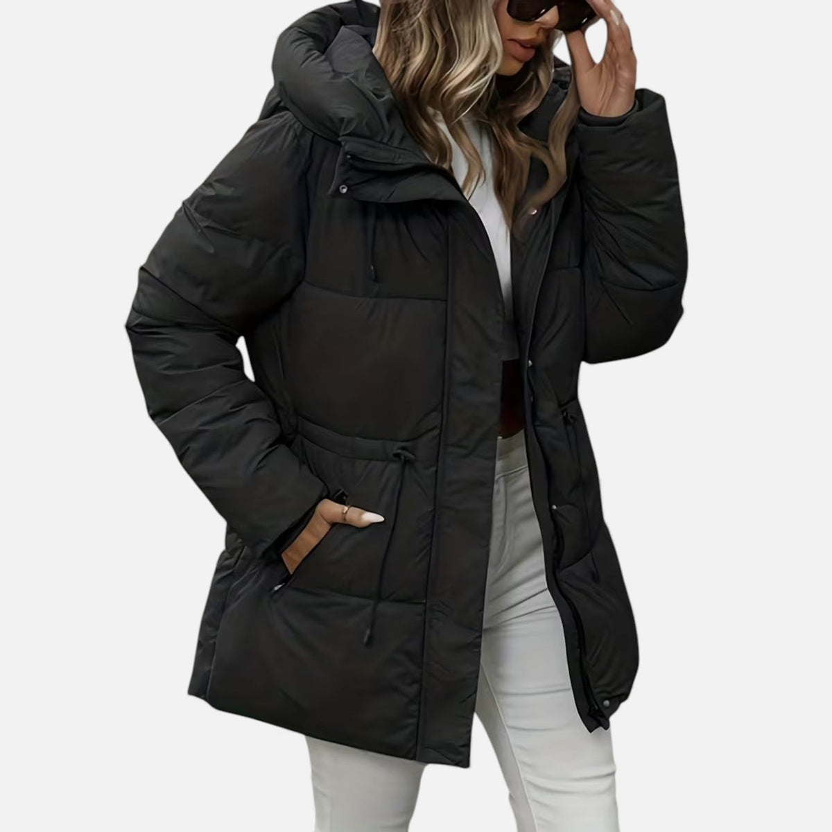 Damen Jacke lang mit Kapuze – Schwarz – Noravolo