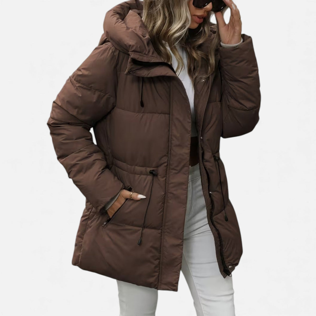 Damen Jacke lang mit Kapuze – Braun – Noravolo