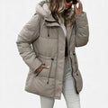 Damen Jacke lang mit Kapuze – Beige – Noravolo