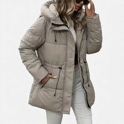 Damen Jacke lang mit Kapuze – Beige – Noravolo