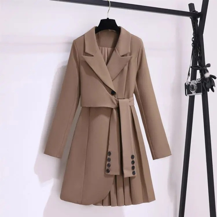 Damen Mantel mit Bindegürtel – Khaki – Noravolo