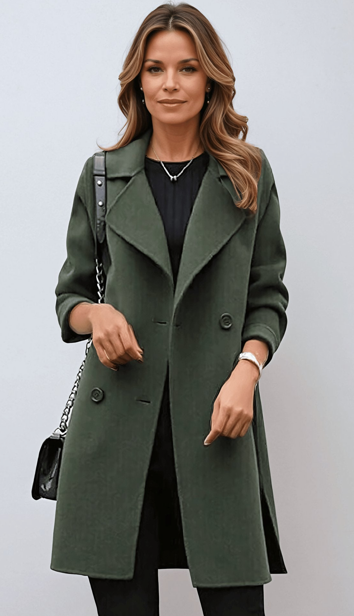 Damen Mantel mit breitem Revers – Grün – Noravolo