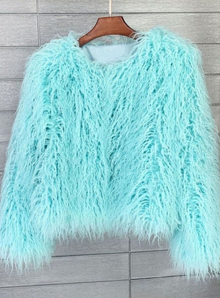 Damen Mantel in Felloptik – Hellblau – Noravolo