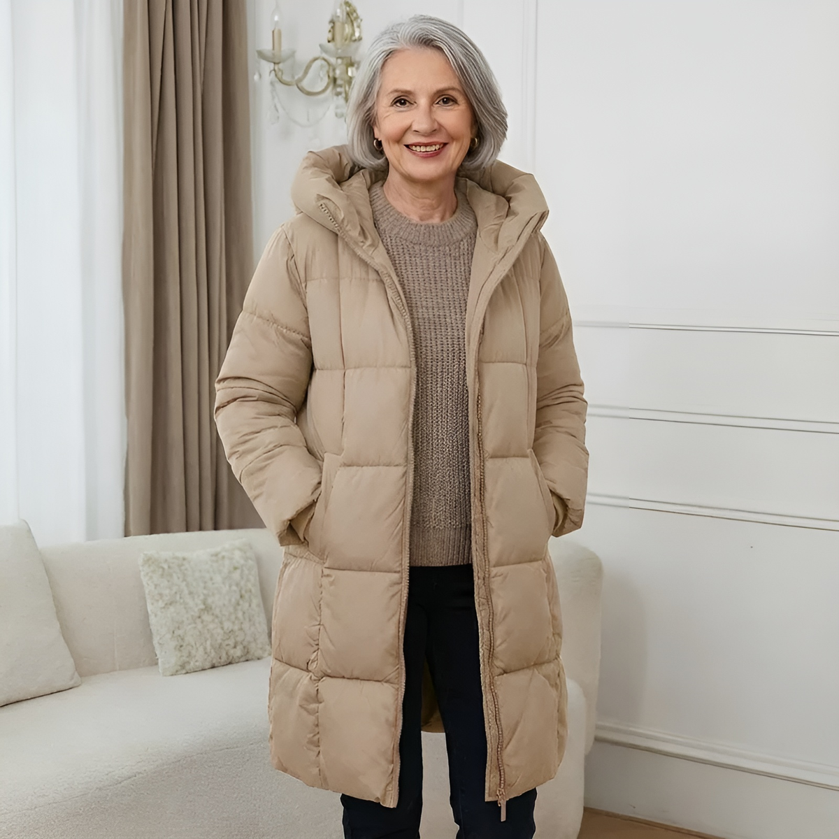 Damen Langer Wintermantel – Kamel – Noravolo