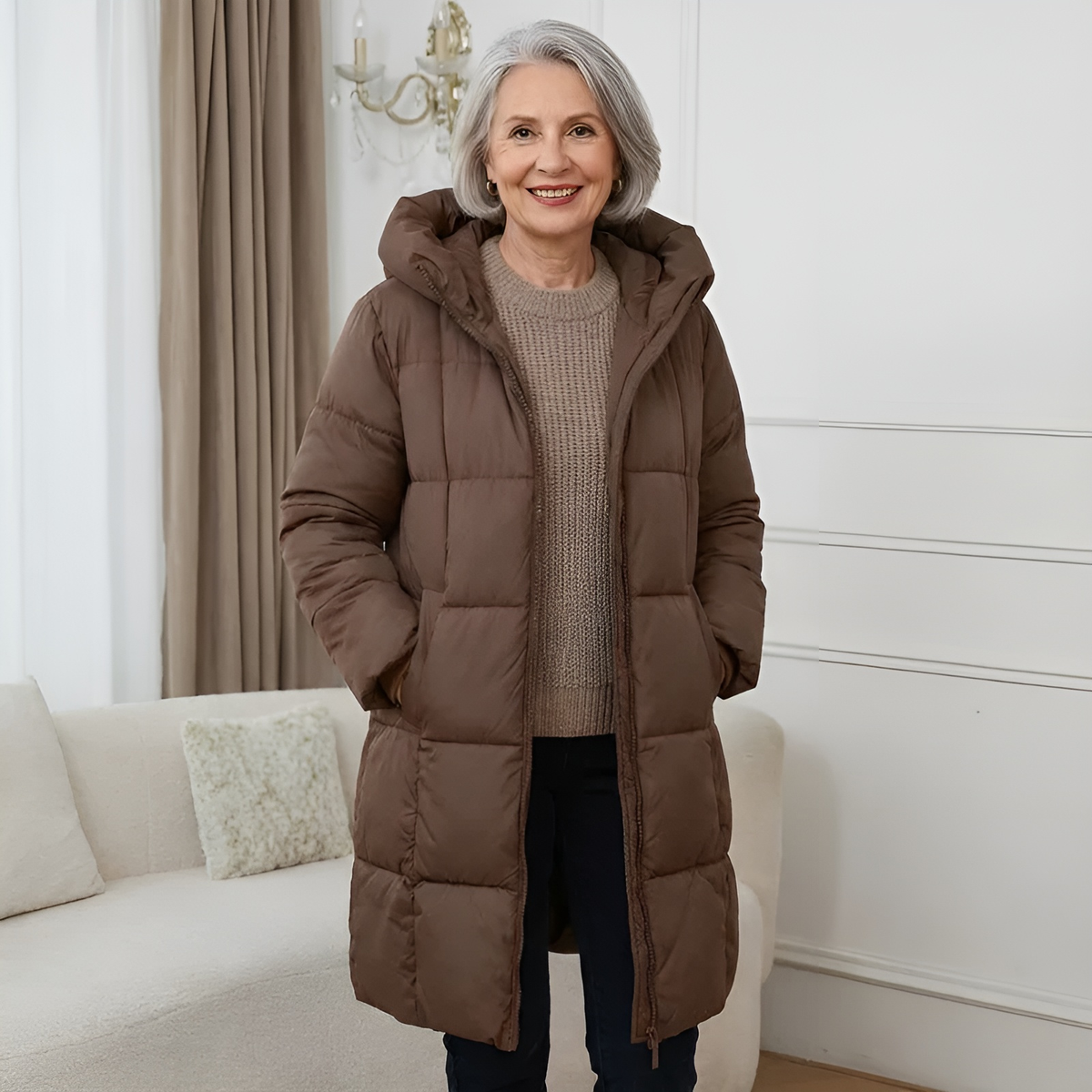 Damen Langer Wintermantel – Schokolade – Noravolo