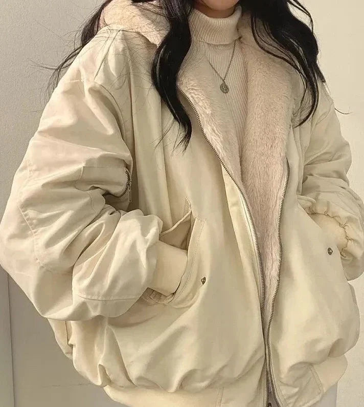 Damen Jacke Oversize mit Kunstfellfutter – Aprikose – Noravolo