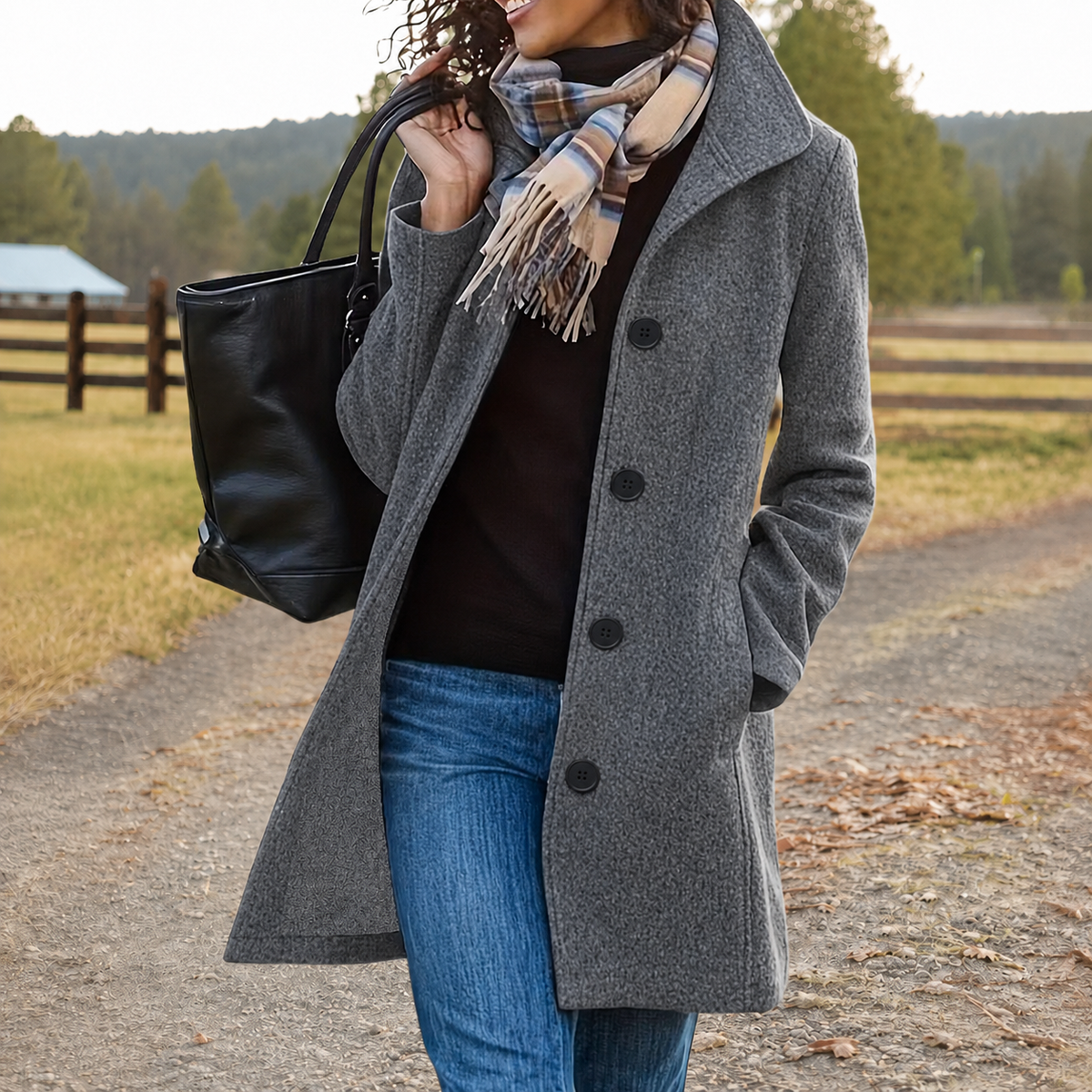 Damen Mantel mit Knopfleiste – Grau – Noravolo