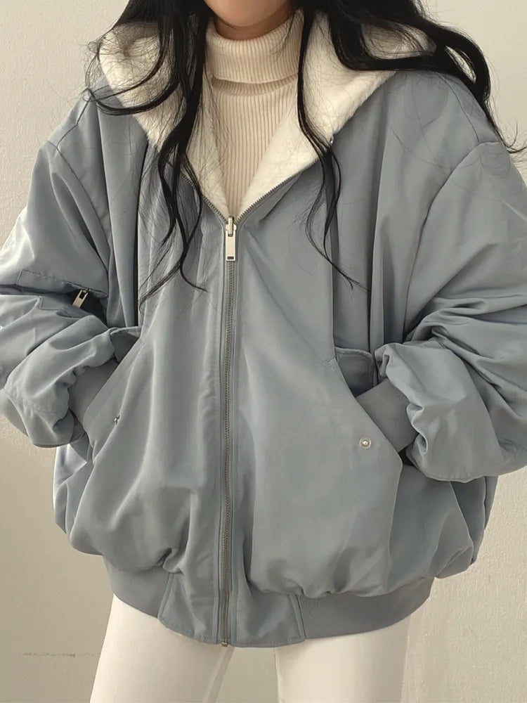Damen Jacke Oversize mit Kunstfellfutter – Blau – Noravolo