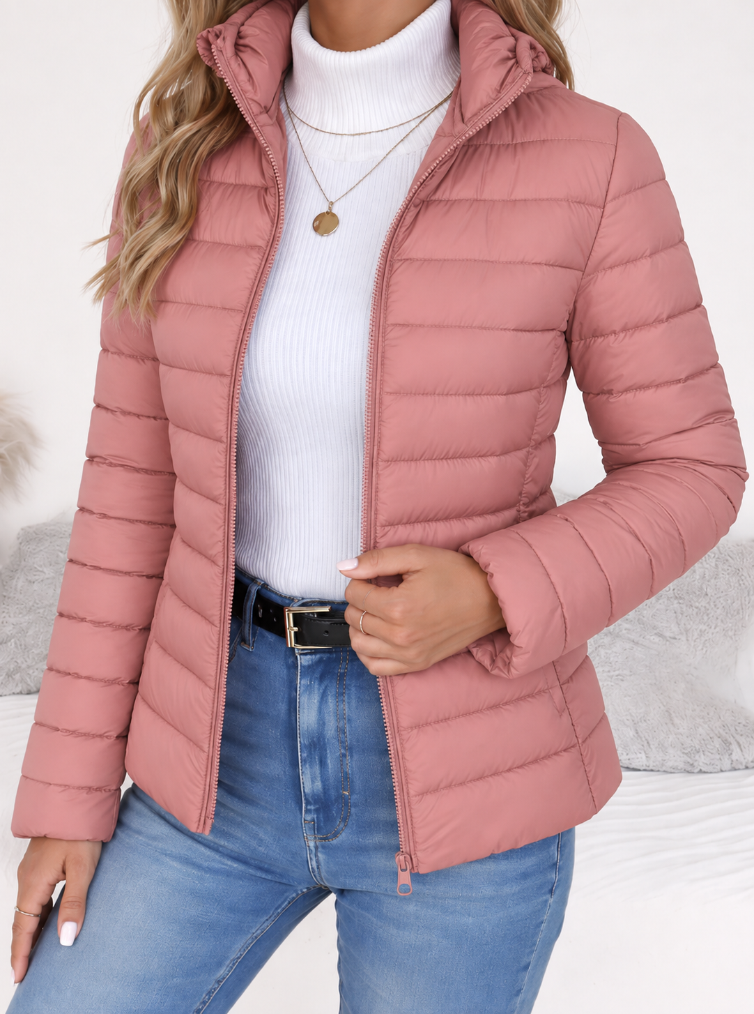 Damen Steppjacke schlank geschnitten – Rosa – Noravolo