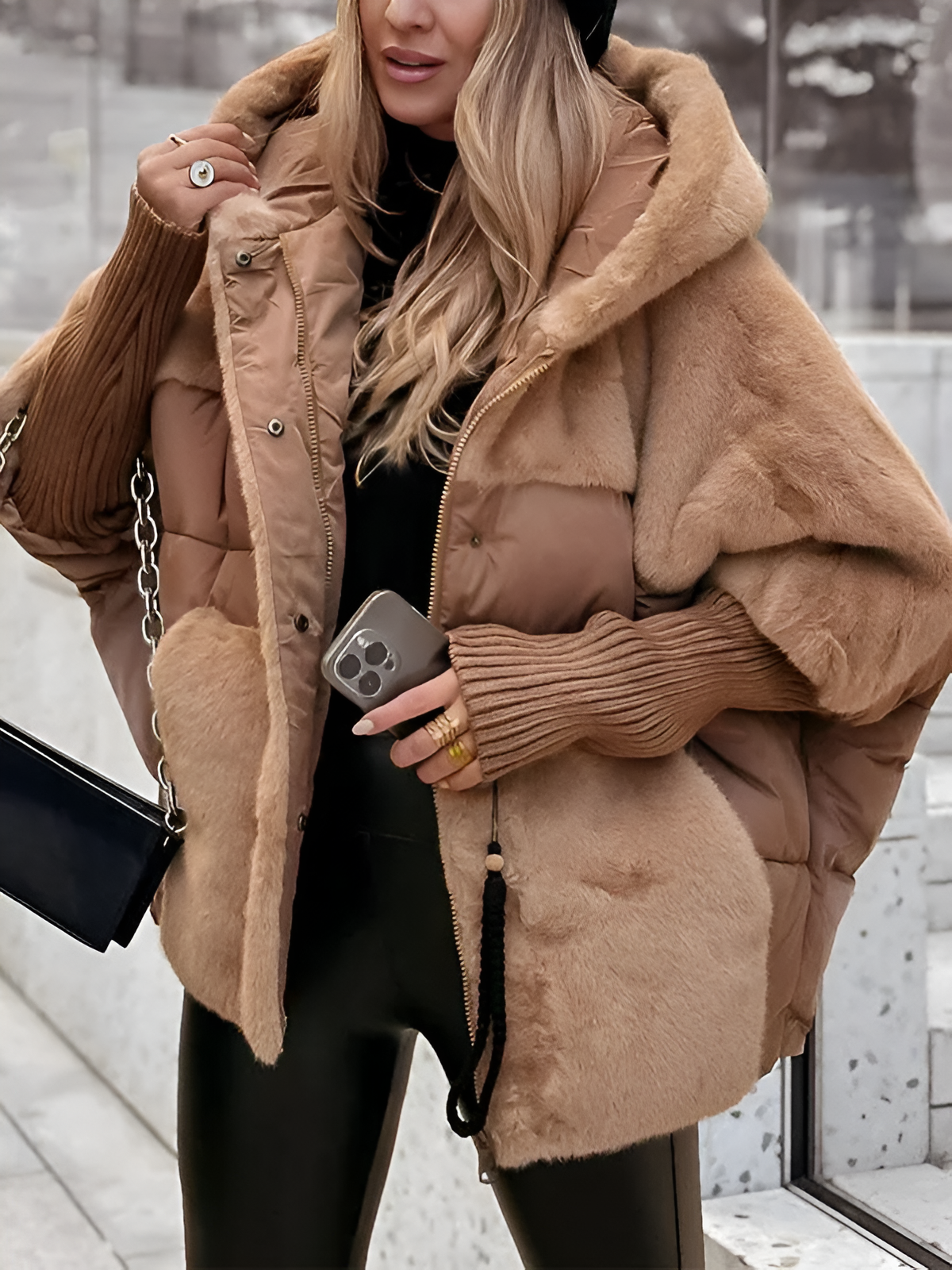 Damen Steppjacke Oversized mit Kapuze – Braun – Noravolo