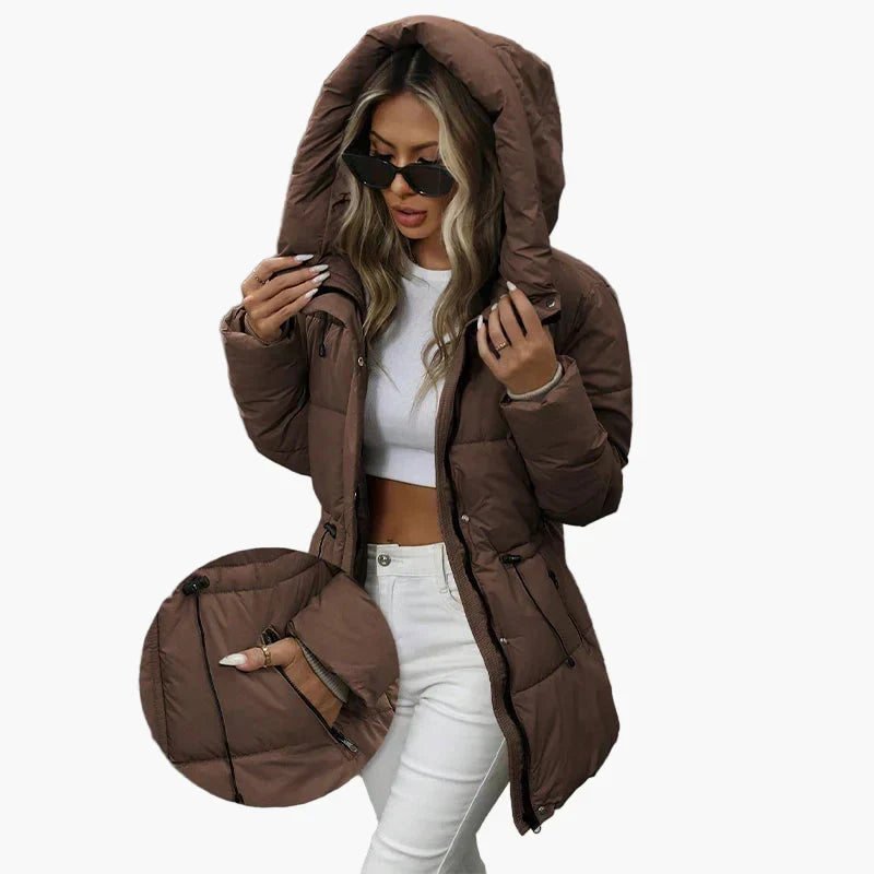 Damen Steppjacke tailliert mit Kapuze – Braun – Noravolo
