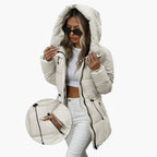 Damen Steppjacke tailliert mit Kapuze – Weiß – Noravolo
