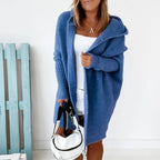 Damen Strickjacke Oversized mit Kapuze – Blau – Noravolo