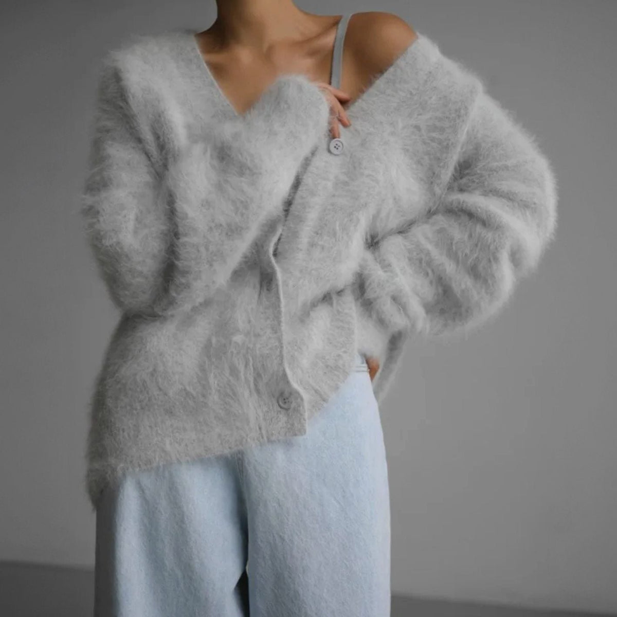 Damen Strickjacke Oversized – Grau – Noravolo