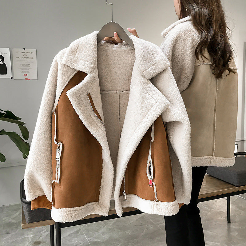 Damen Teddymantel mit breitem Kragen – Braun – Noravolo