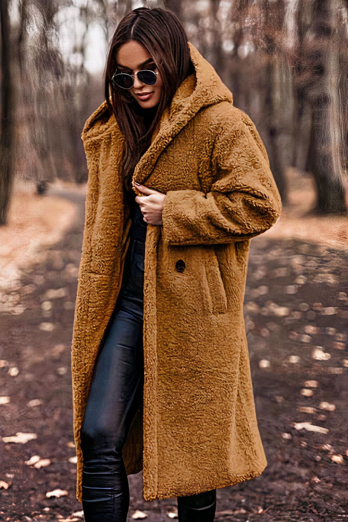 Damen Teddymantel mit großer Kapuze – Kamel – Noravolo