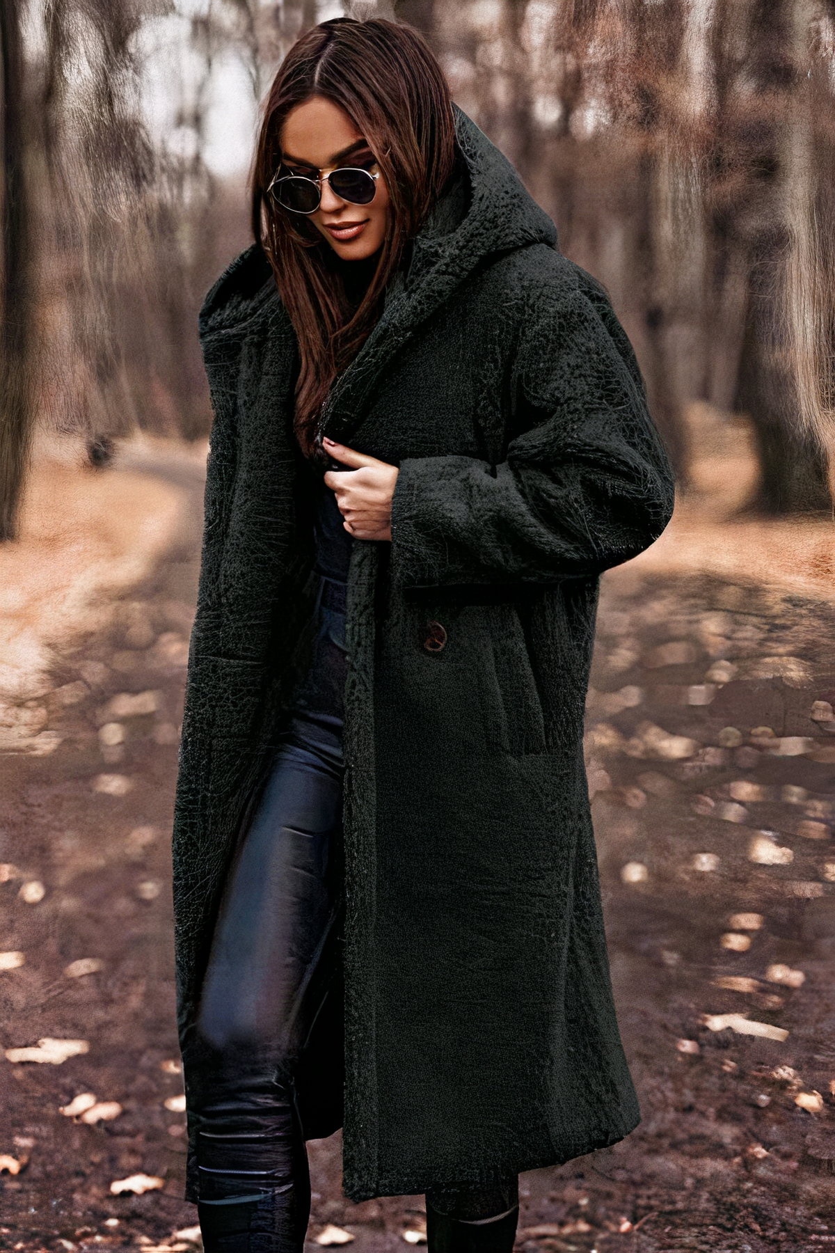 Damen Teddymantel mit großer Kapuze – Schwarz – Noravolo