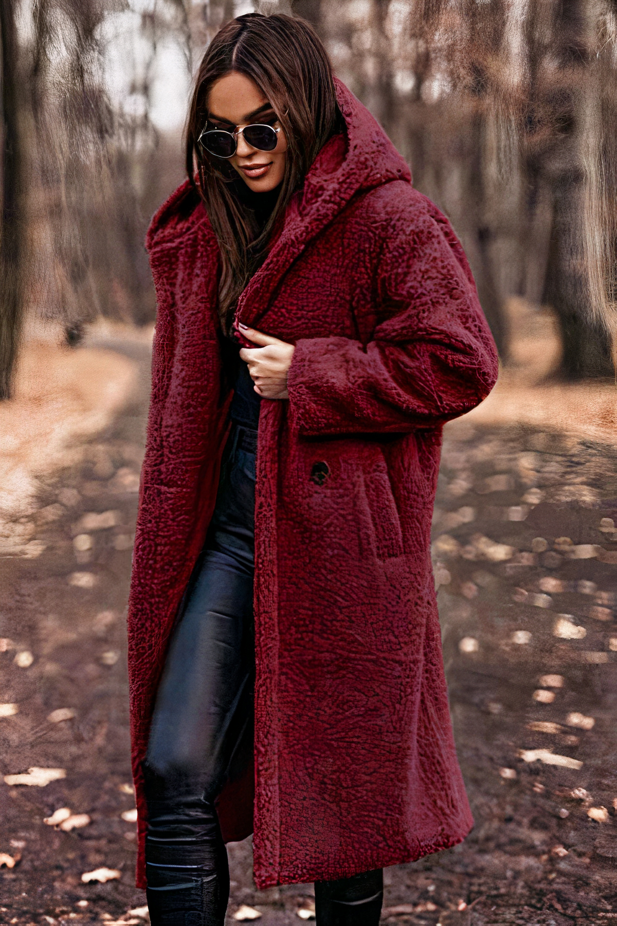 Damen Teddymantel mit großer Kapuze – Rot – Noravolo
