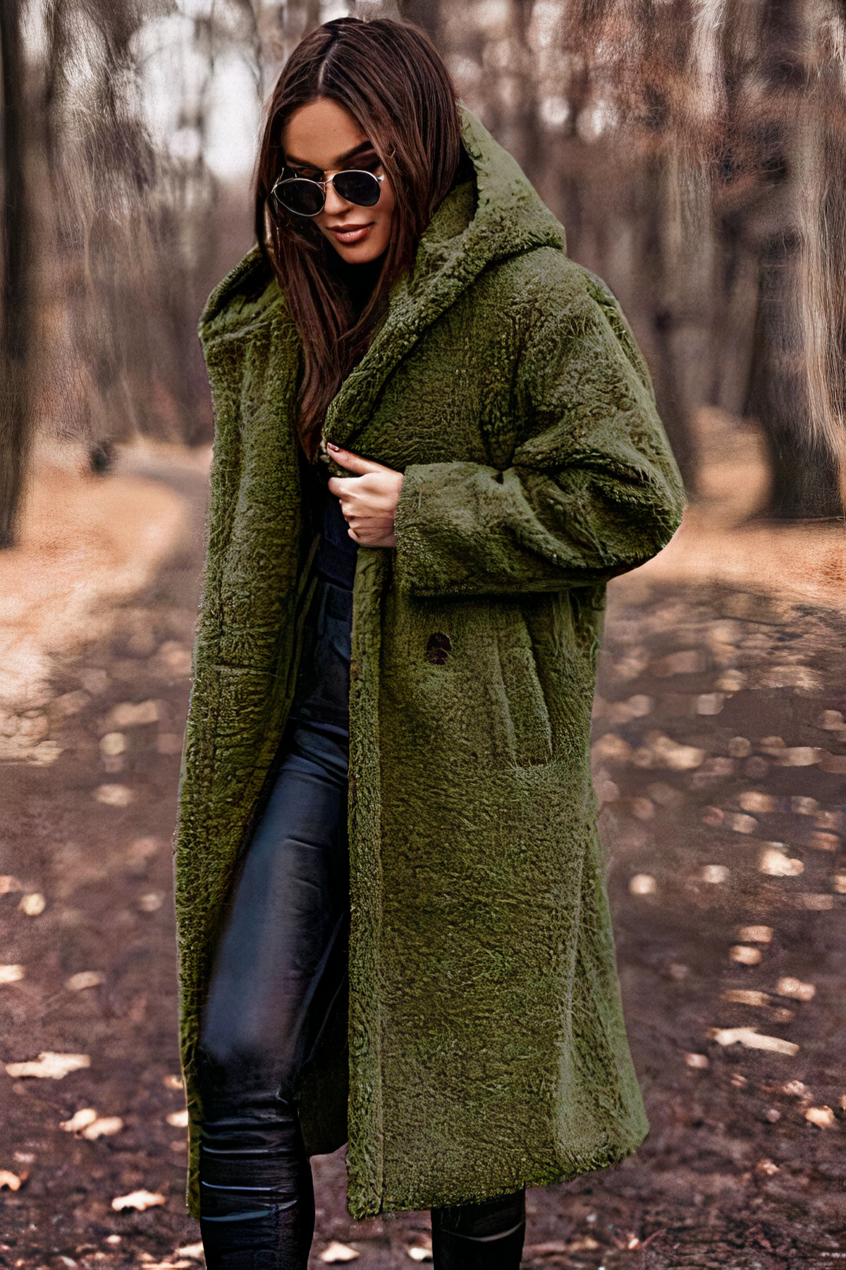 Damen Teddymantel mit großer Kapuze – Grün – Noravolo