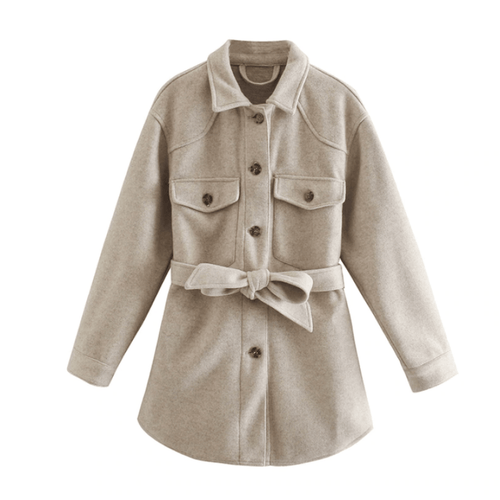 Damen Kurzmantel mit Bindegürtel – Beige – Noravolo