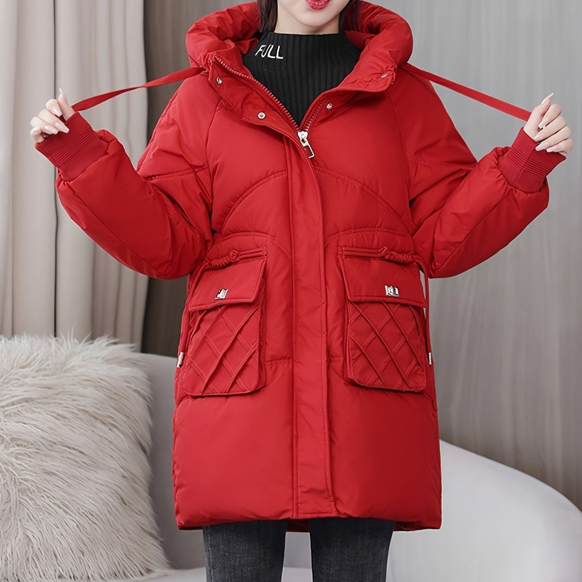 Damen Winterjacke mit Kapuze – Rot – Noravolo