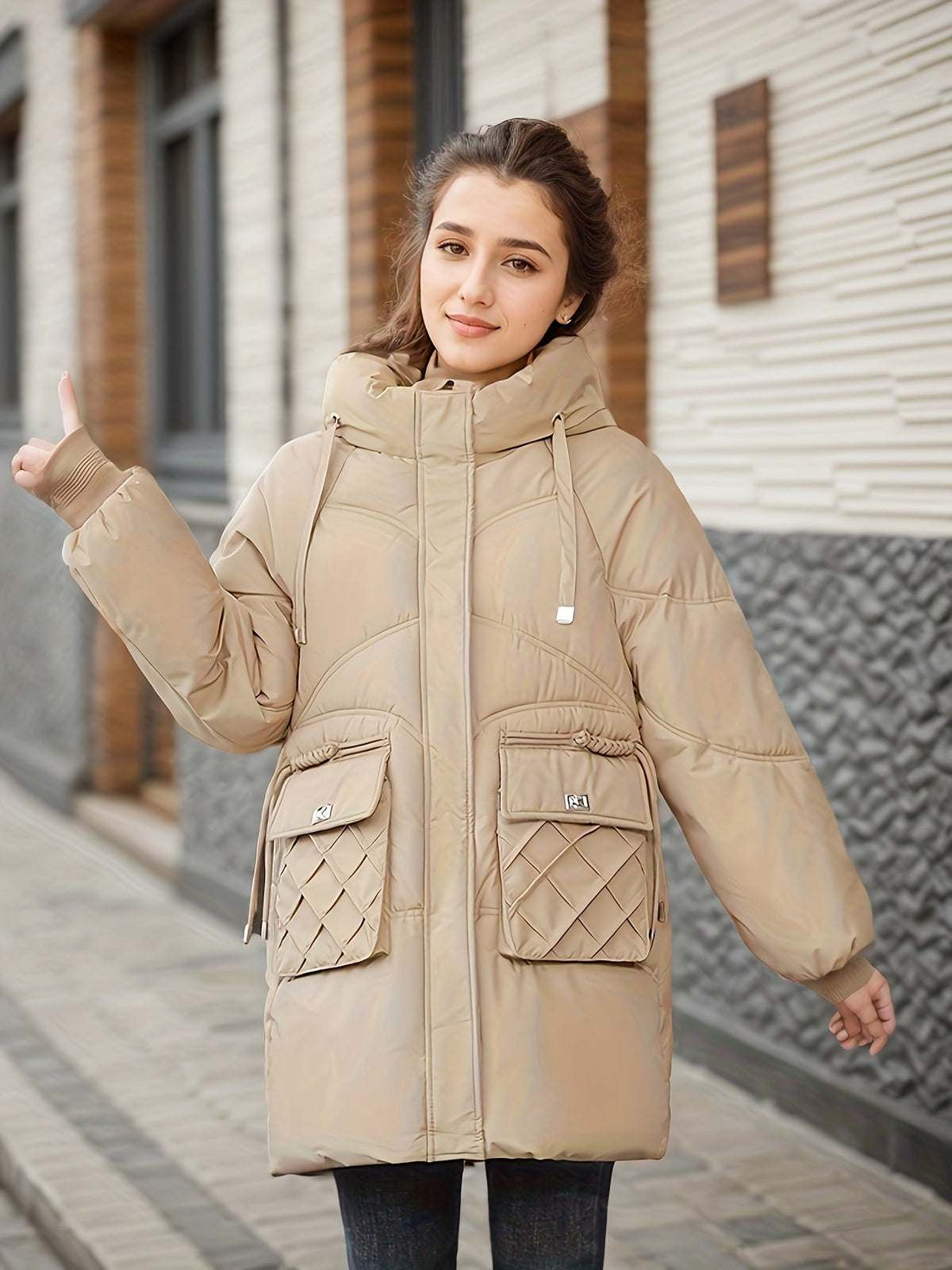 Damen Winterjacke mit Kapuze – Khaki – Noravolo